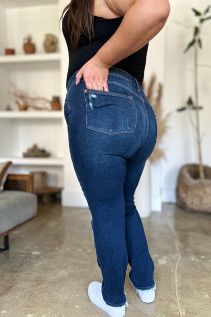 Judy Blue Full Size High Waist Rigid Magic Heavy Destroy Straight Jeans - The Ruffled Bull Boutique