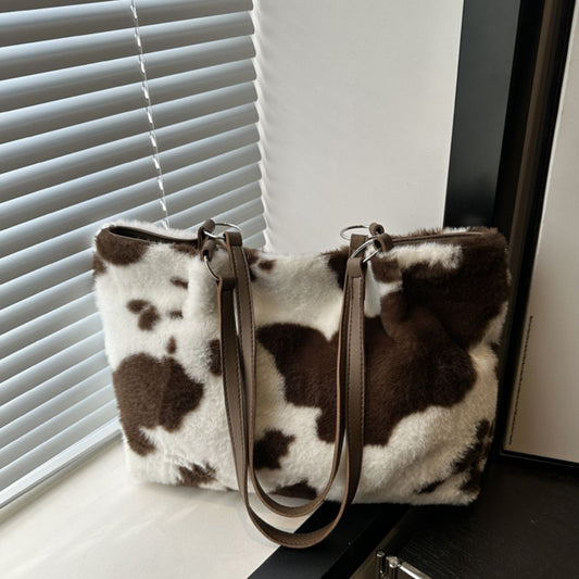 Cow Print Furry Tote Bag - The Ruffled Bull Boutique