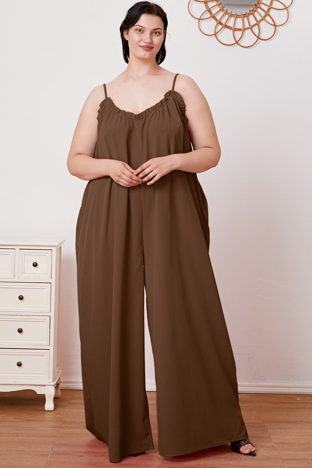 Double Take Full Size Ruffle Trim Tie Back Cami Jumpsuit with Pockets - The Ruffled Bull Boutique