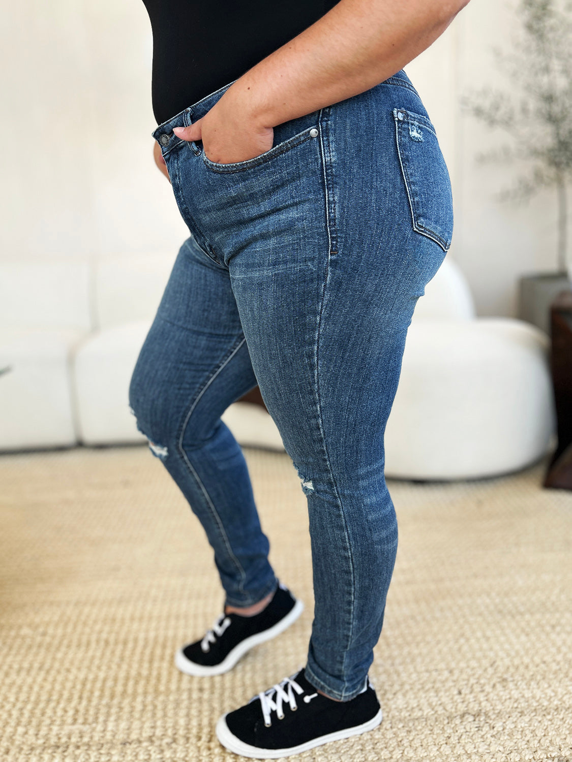 Judy Blue Full Size Mid Waist Distressed Slim Jeans - The Ruffled Bull Boutique