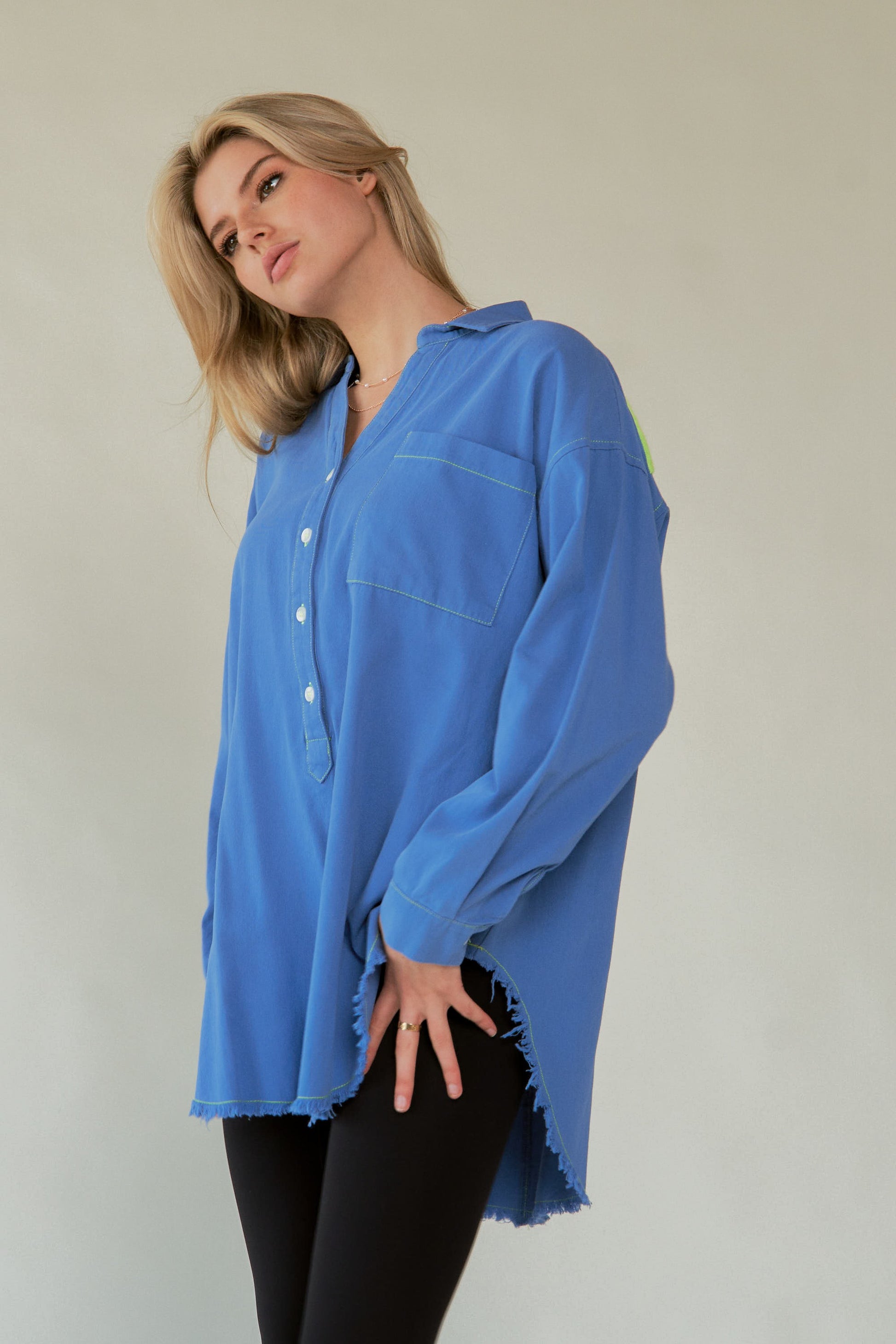 Davi & Dani Letter Back Raw Hem Half Button Shirt - The Ruffled Bull Boutique