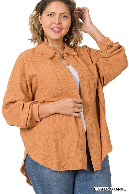 PLUS OVERSIZED RAW EDGE SHIRT - The Ruffled Bull Boutique