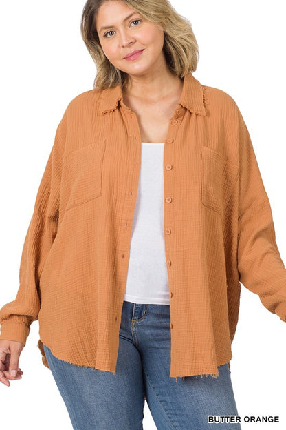 PLUS OVERSIZED RAW EDGE SHIRT - The Ruffled Bull Boutique