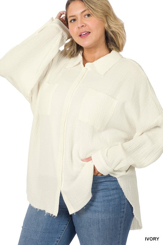 PLUS OVERSIZED RAW EDGE SHIRT - The Ruffled Bull Boutique