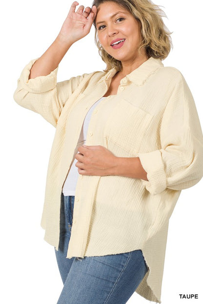 PLUS OVERSIZED RAW EDGE SHIRT - The Ruffled Bull Boutique