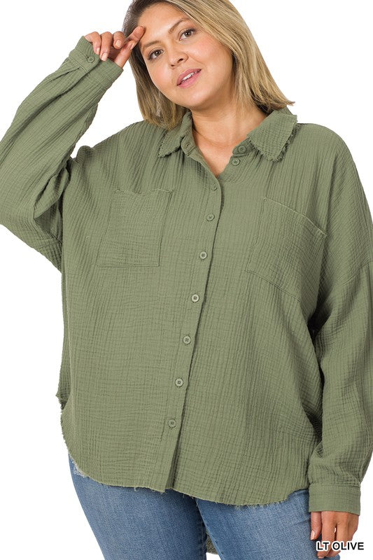 PLUS OVERSIZED RAW EDGE SHIRT - The Ruffled Bull Boutique