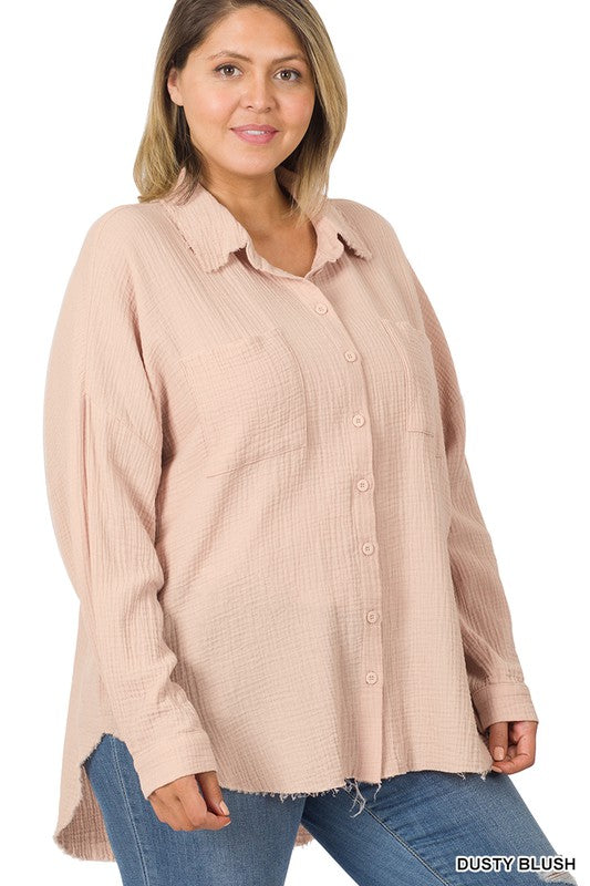 PLUS OVERSIZED RAW EDGE SHIRT - The Ruffled Bull Boutique