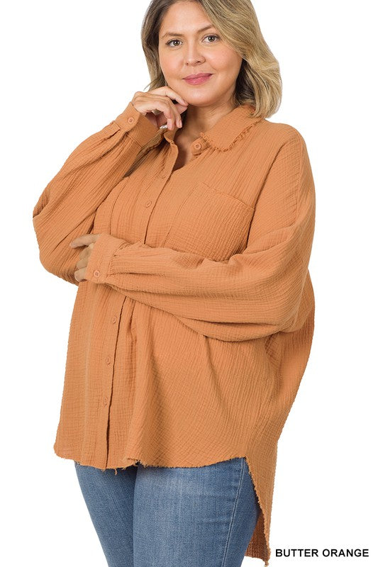 PLUS OVERSIZED RAW EDGE SHIRT - The Ruffled Bull Boutique