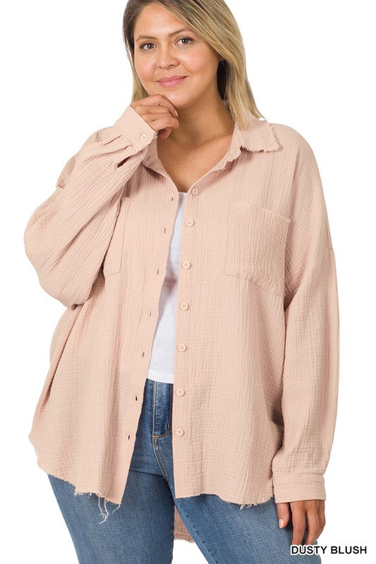 PLUS OVERSIZED RAW EDGE SHIRT - The Ruffled Bull Boutique