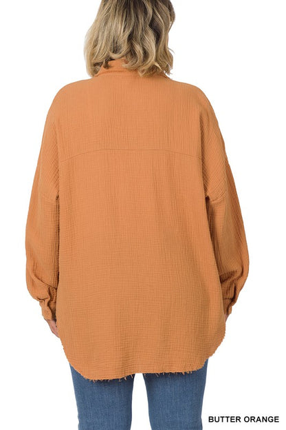 PLUS OVERSIZED RAW EDGE SHIRT - The Ruffled Bull Boutique