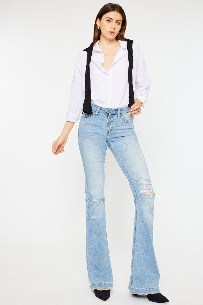 MID RISE BUTTON UP DISTRESS FLARE JEANS - The Ruffled Bull Boutique