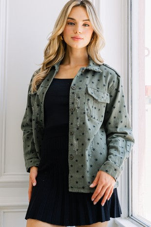 Washed Star Print Button Down Jacket - The Ruffled Bull Boutique