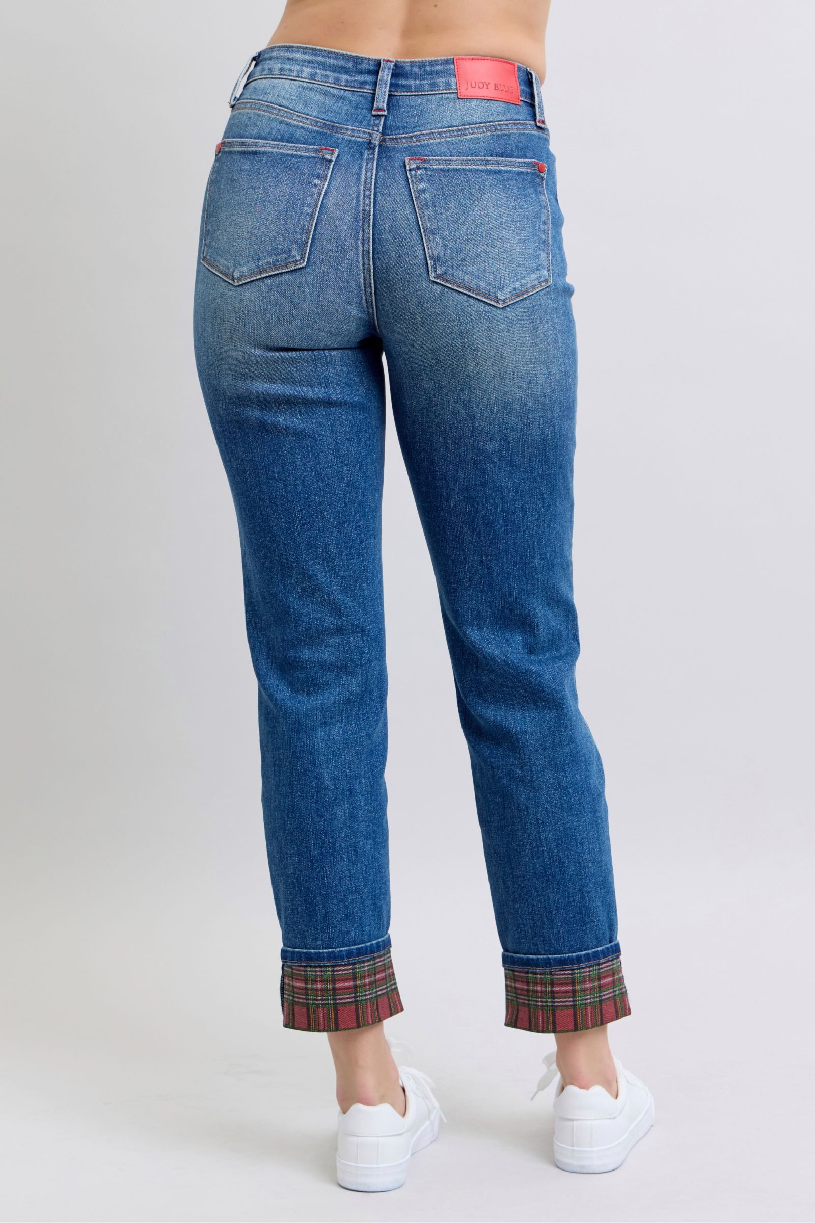 Judy Blue Full Size Plaid Print Cuff Straight Leg Jeans with Pockets - The Ruffled Bull Boutique