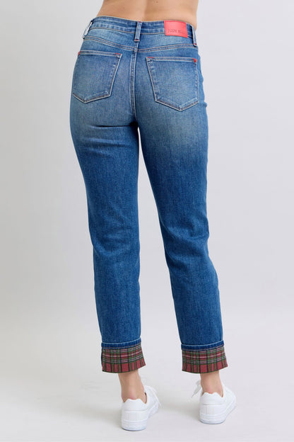 Judy Blue Full Size Plaid Print Cuff Straight Leg Jeans with Pockets - The Ruffled Bull Boutique