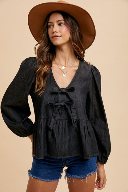 Annie Wear Tie Front Peplum Long Sleeve Denim Top - The Ruffled Bull Boutique