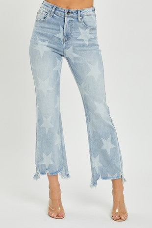 HIGH RISE STAR PRINTED STRAIGHT JEANS - The Ruffled Bull Boutique