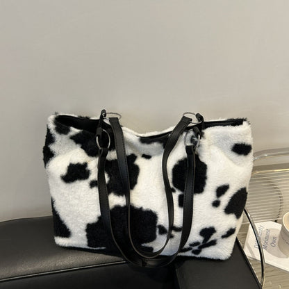 Cow Print Furry Tote Bag - The Ruffled Bull Boutique