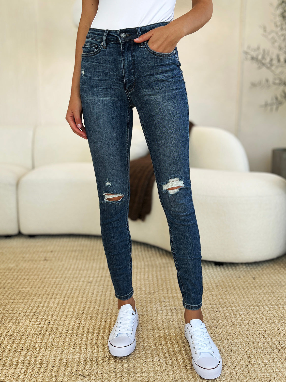 Judy Blue Full Size Mid Waist Distressed Slim Jeans - The Ruffled Bull Boutique