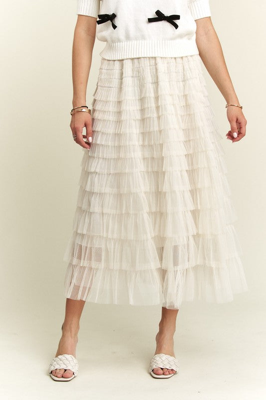 ADORA Elastic Waist Layered Mesh Midi Skirt - The Ruffled Bull Boutique