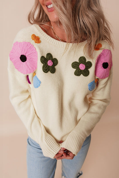 Crochet Flower Round Neck Dropped Shoulder Sweater