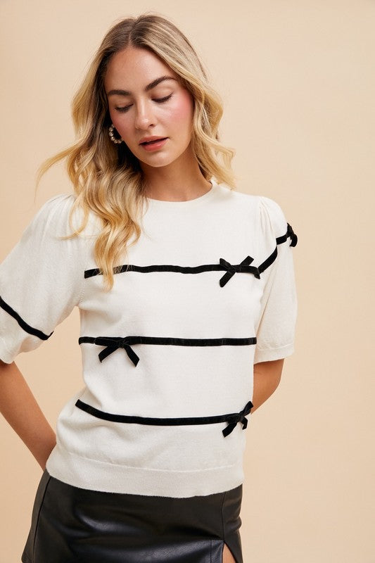 Annie Wear Striped Bow Round Neck Knit Top - The Ruffled Bull Boutique