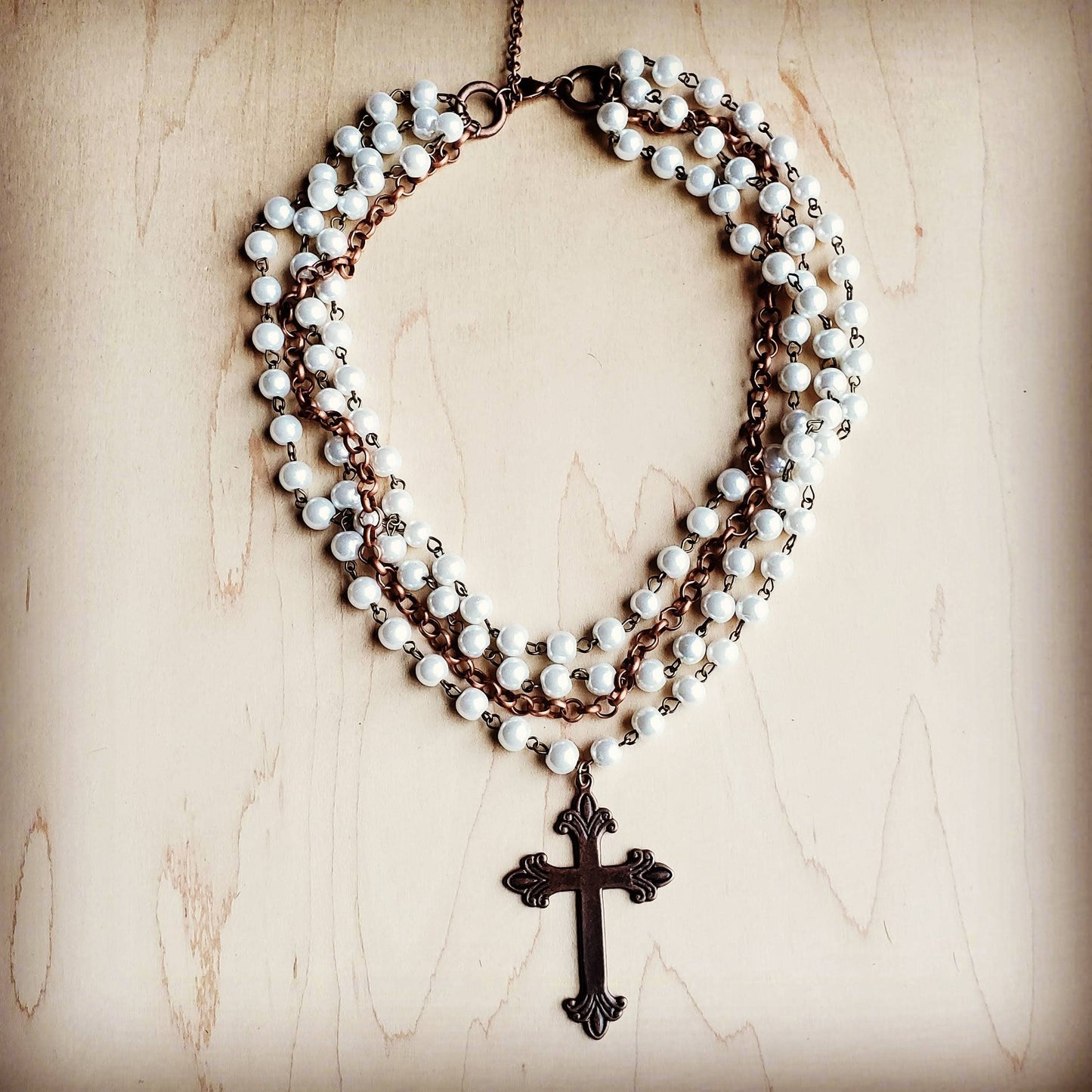 Pearl and Copper Collar-Length Necklace w/ Copper Cross 114G