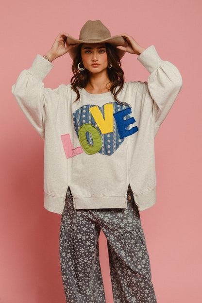 BiBi LOVE Heart Patch Slit French Terry Sweatshirt - The Ruffled Bull Boutique