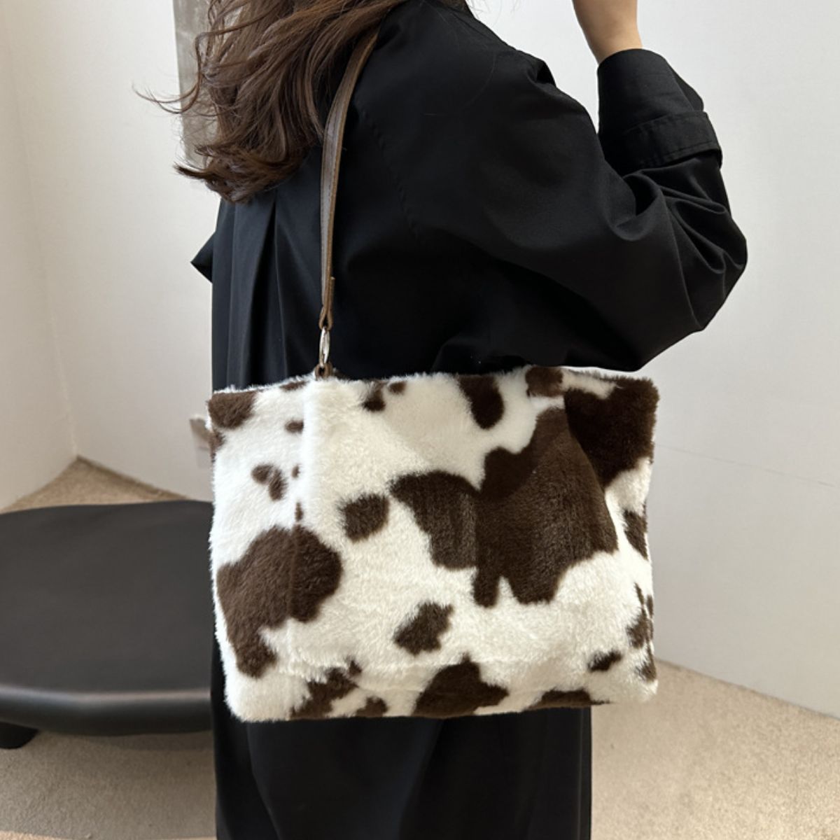 Cow Print Furry Tote Bag - The Ruffled Bull Boutique