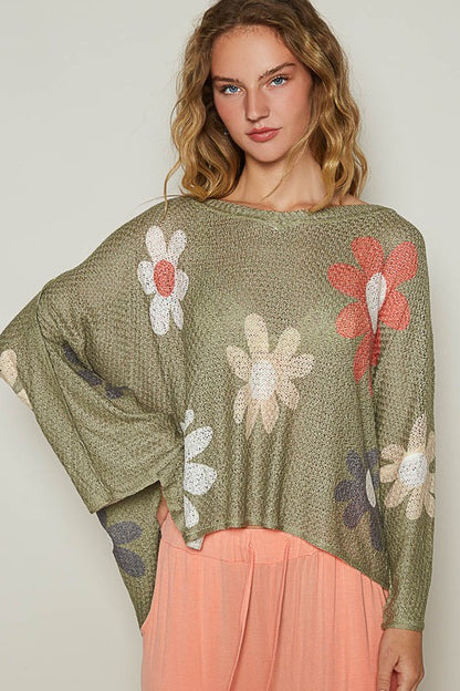 POL Flower Dropped Shoulder Long Sleeve Knit Top - The Ruffled Bull Boutique