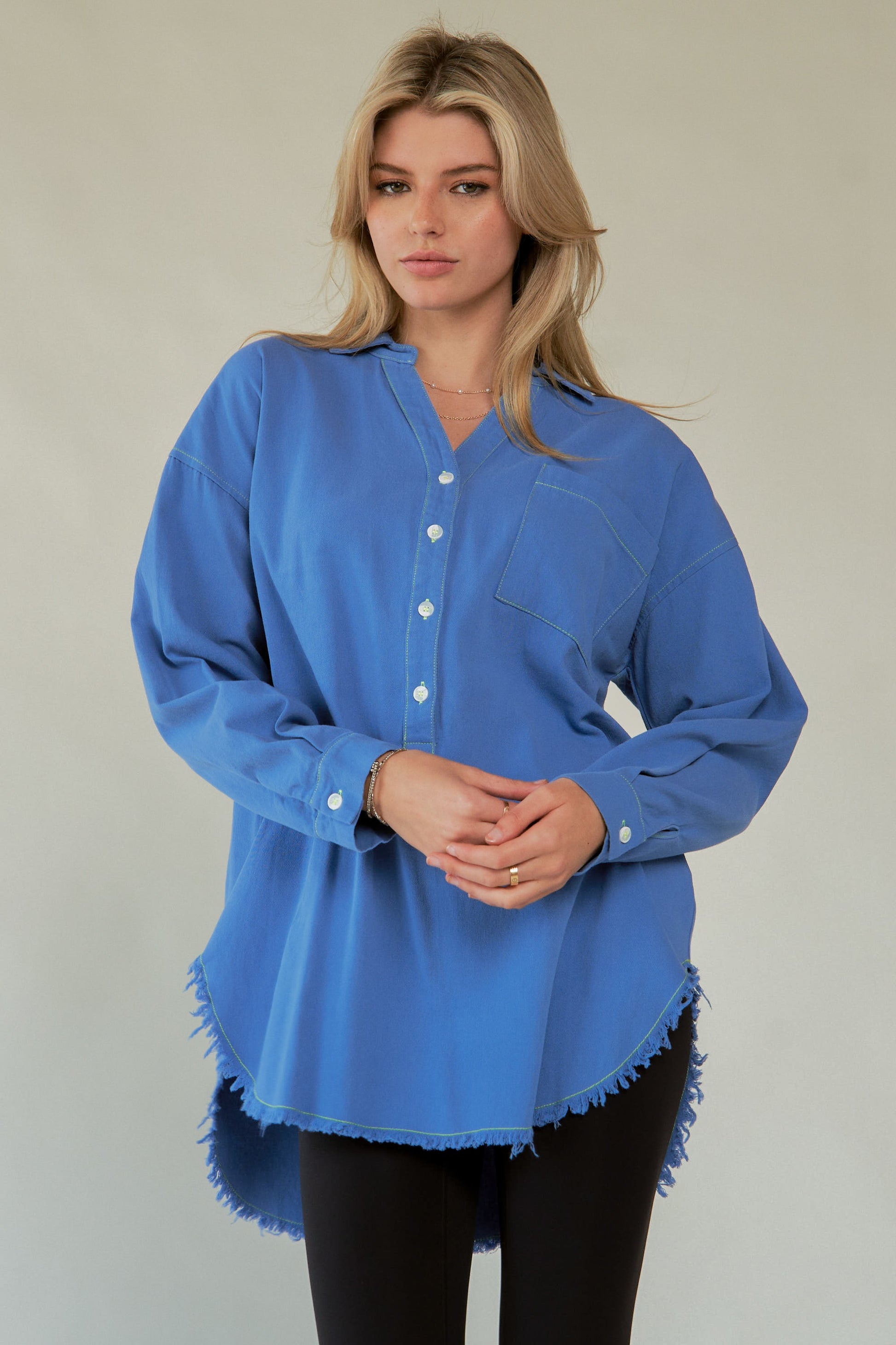 Davi & Dani Letter Back Raw Hem Half Button Shirt - The Ruffled Bull Boutique