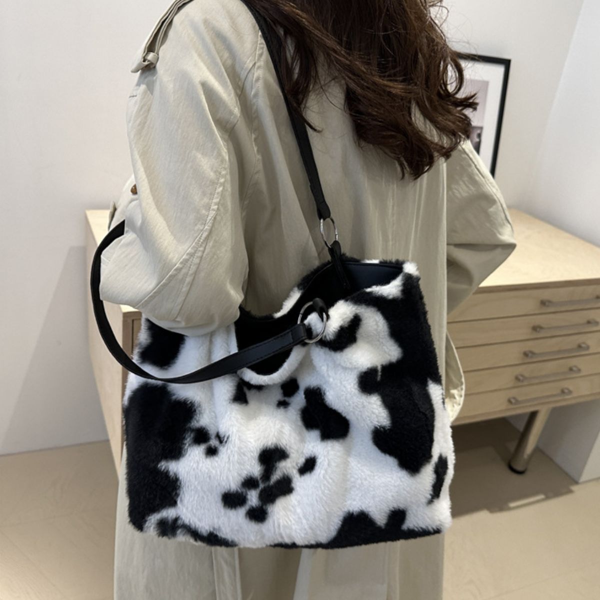 Cow Print Furry Tote Bag - The Ruffled Bull Boutique