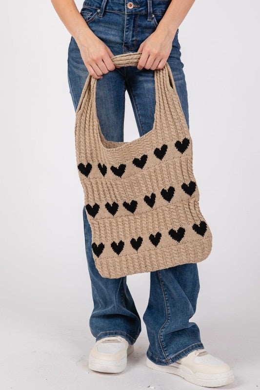 Fame Contrast Heart Crochet Tote Bag - The Ruffled Bull Boutique