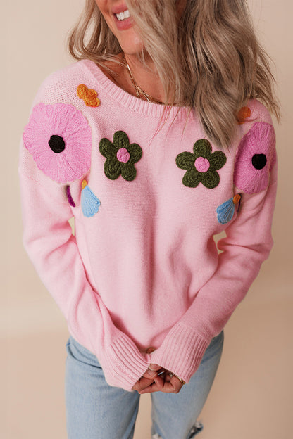 Crochet Flower Round Neck Dropped Shoulder Sweater