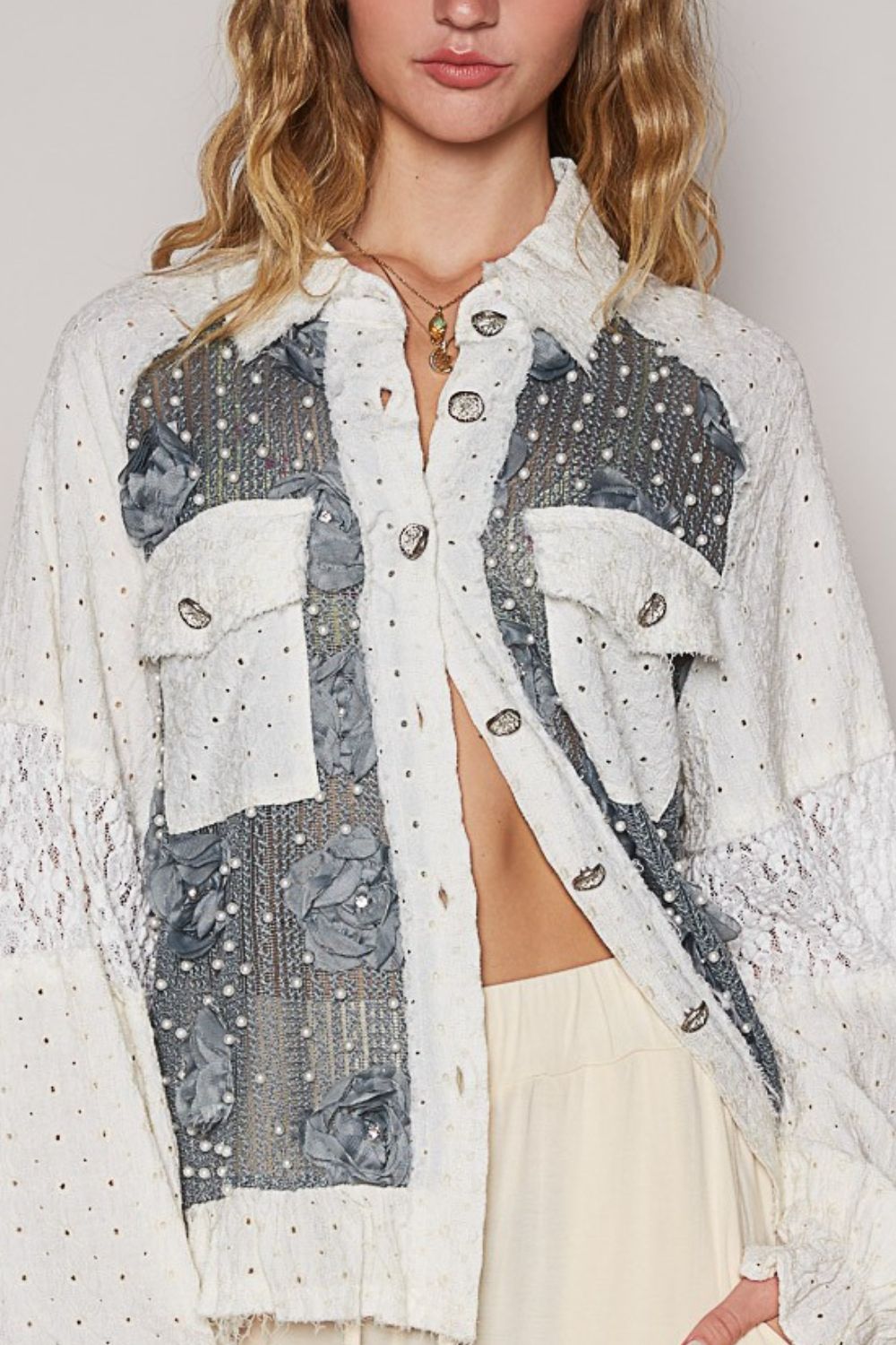 POL Eyelet Flower Pearl Detail Lace Patchwork Shirt - The Ruffled Bull Boutique