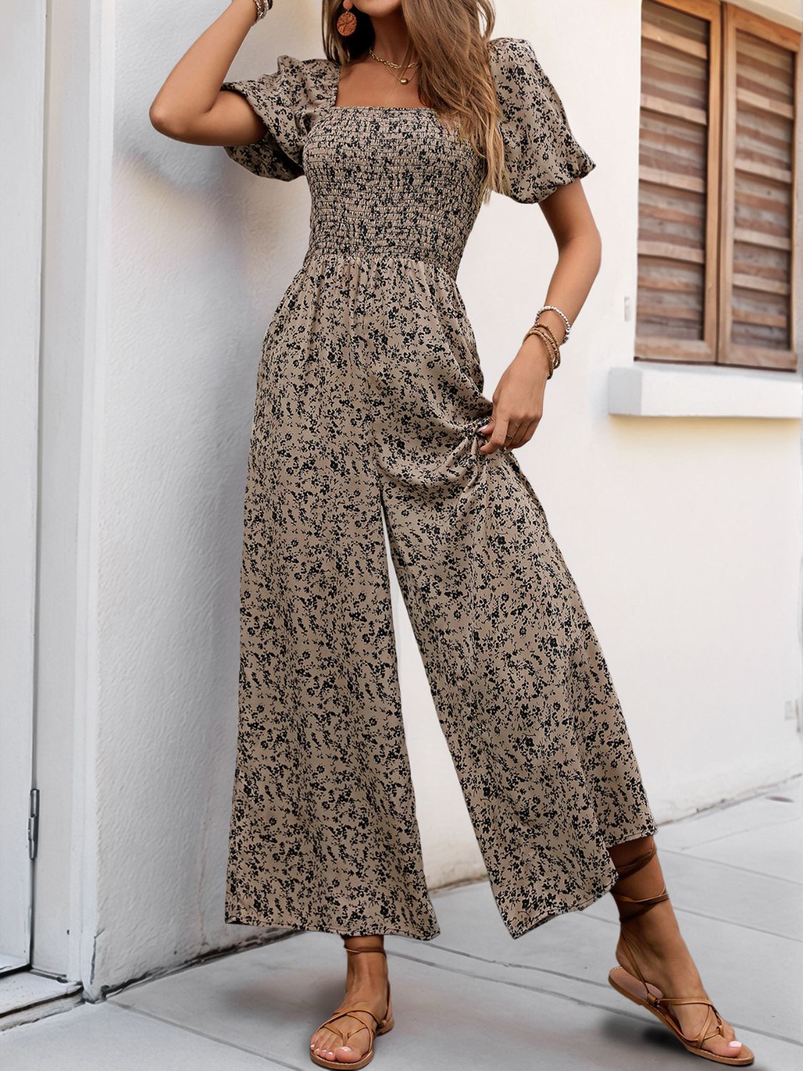 Perfee Smocked Printed Square Neck Puff Sleeve Jumpsuit - The Ruffled Bull Boutique