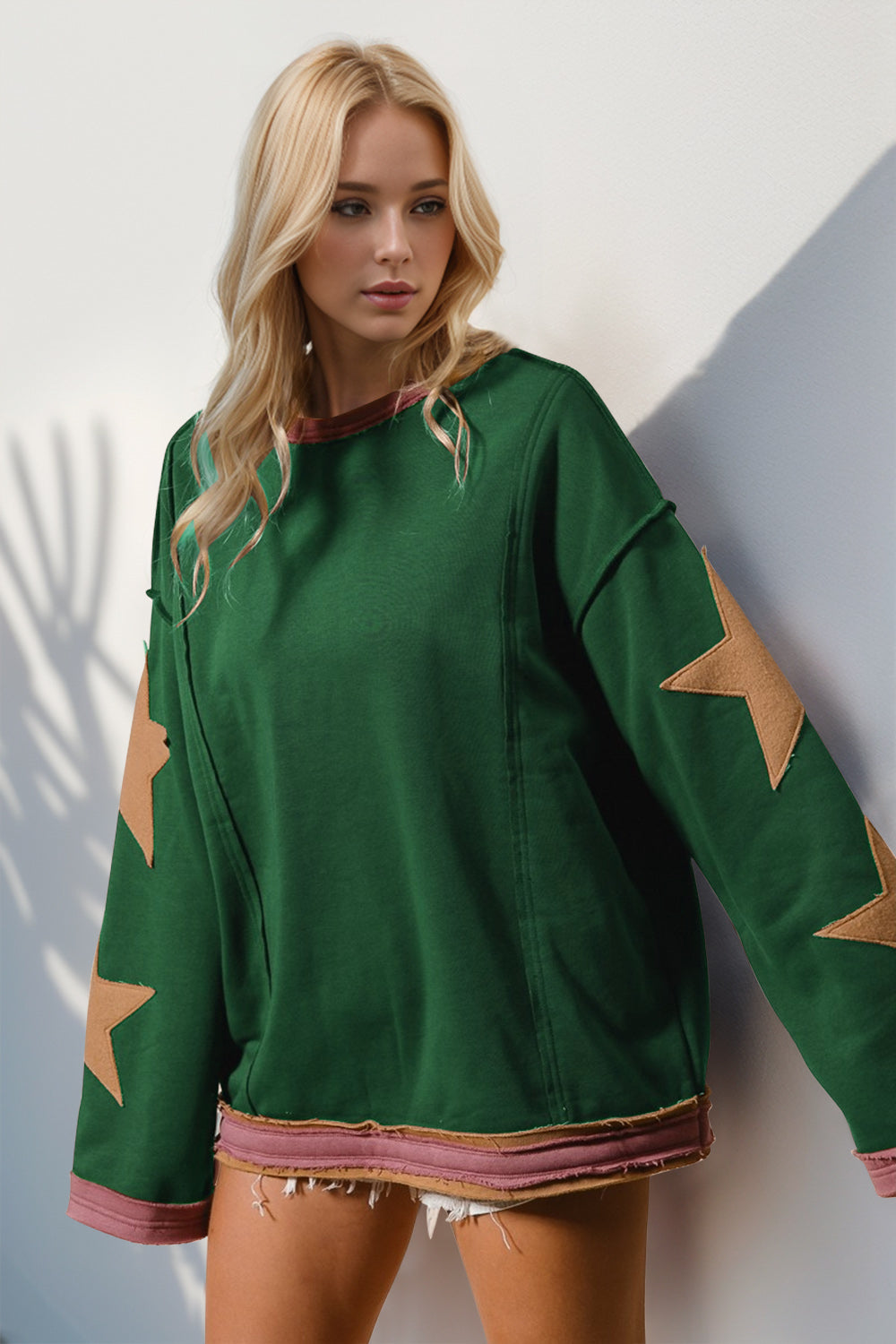 Double Take Star Patched Long Sleeve Sweatshirt - The Ruffled Bull Boutique