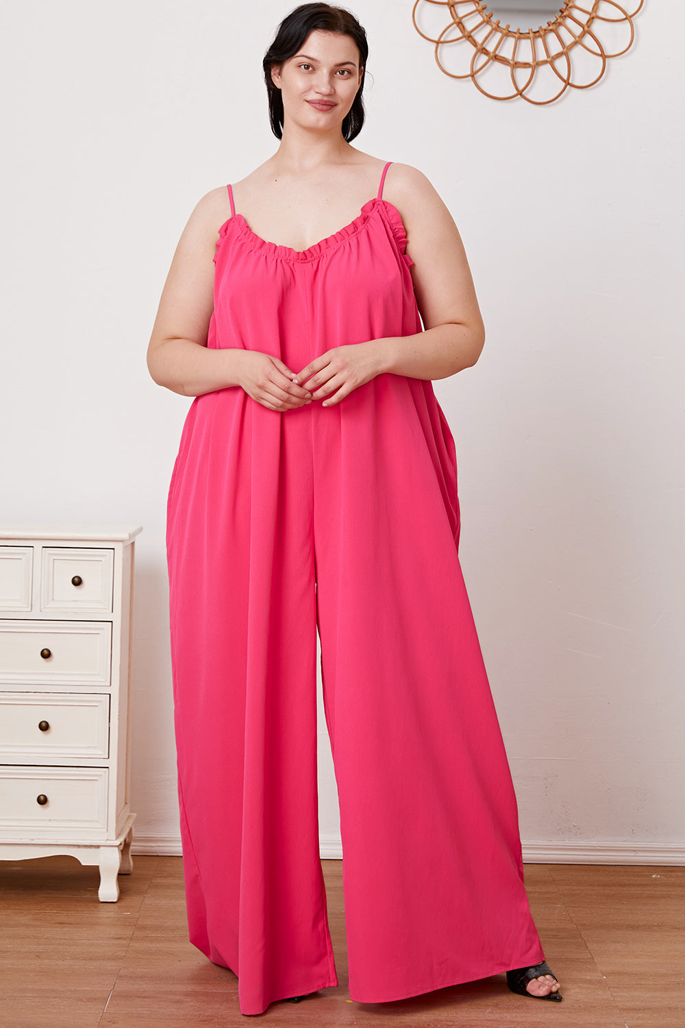 Double Take Full Size Ruffle Trim Tie Back Cami Jumpsuit with Pockets - The Ruffled Bull Boutique