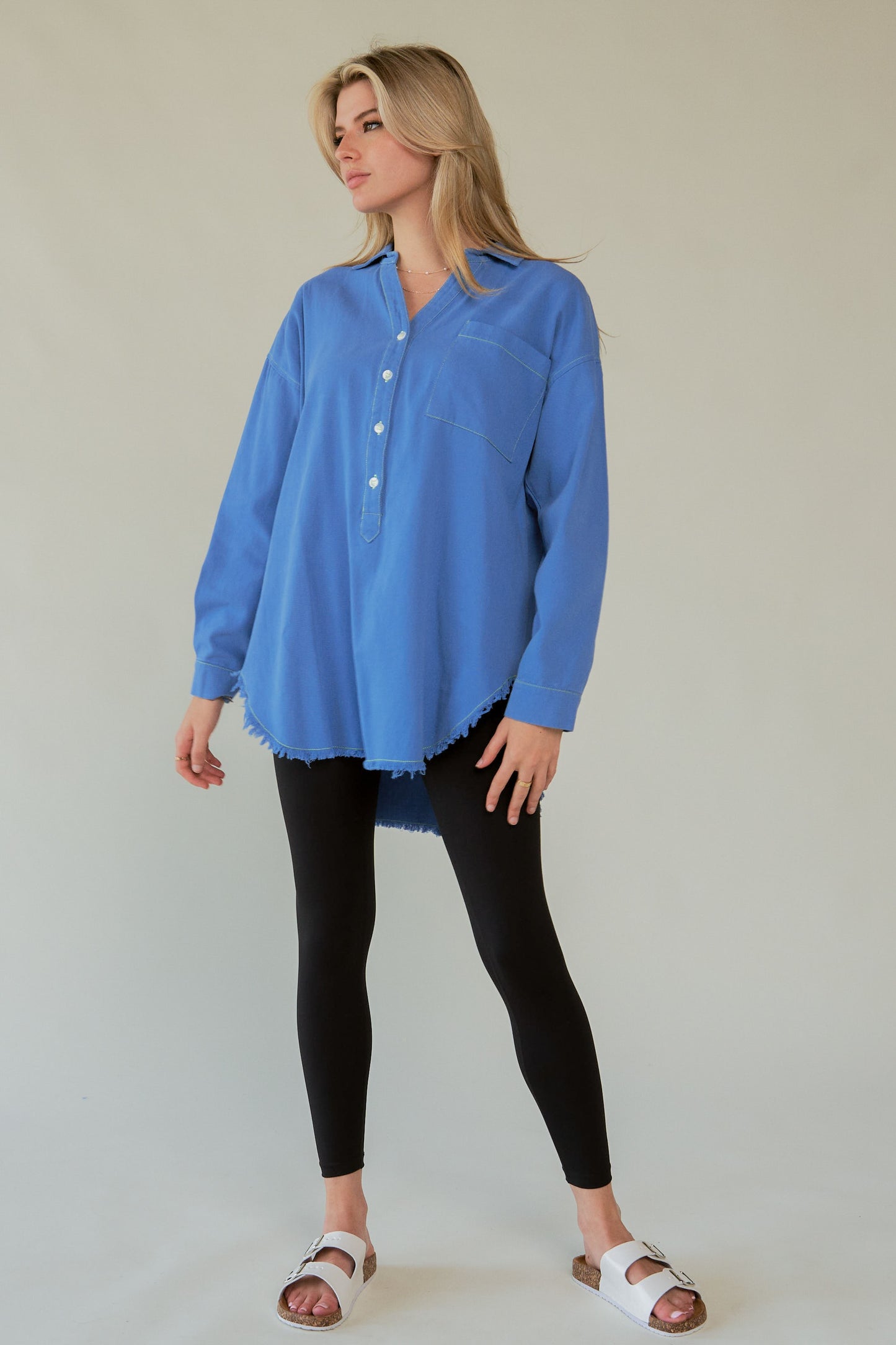 Davi & Dani Letter Back Raw Hem Half Button Shirt - The Ruffled Bull Boutique