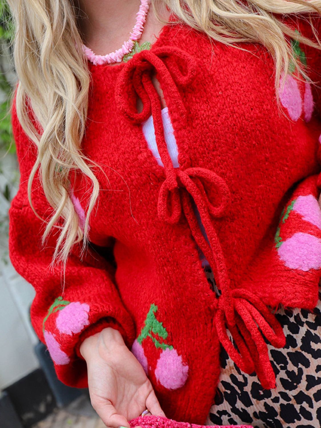 Tied Cherry Round Neck Long Sleeve Cardigan - The Ruffled Bull Boutique