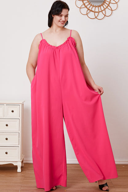 Double Take Full Size Ruffle Trim Tie Back Cami Jumpsuit with Pockets - The Ruffled Bull Boutique