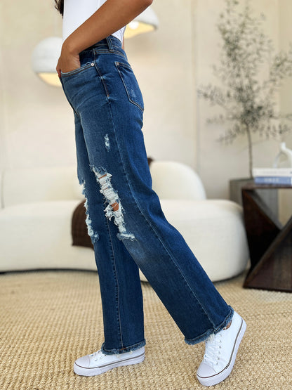 Judy Blue Full Size Mid Rise Distressed Raw Hem Jeans - The Ruffled Bull Boutique