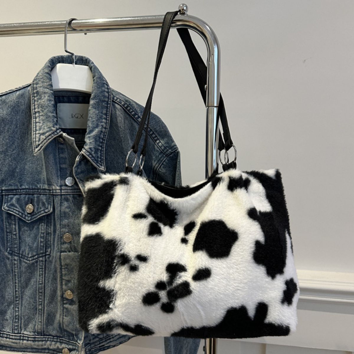 Cow Print Furry Tote Bag - The Ruffled Bull Boutique