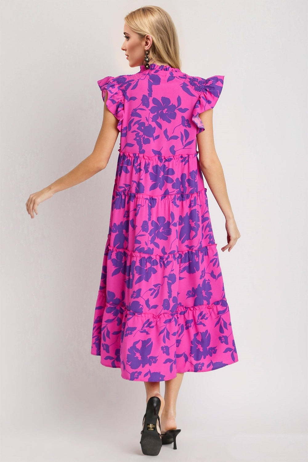 Oh Full Size Ruffled Printed Notched Cap Sleeve Midi Dress - The Ruffled Bull Boutique