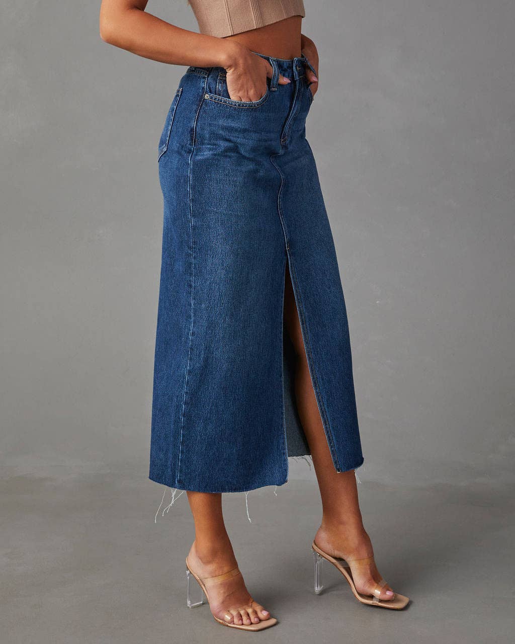 Slit Denim Midi Skirt: Light Blue / 2XL - The Ruffled Bull Boutique