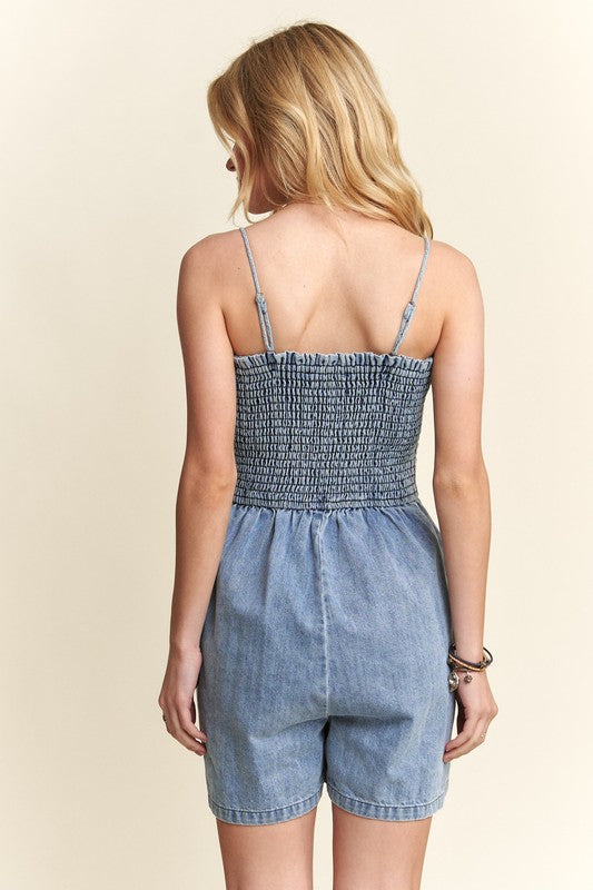 ADORA Smocked Spaghetti Strap Denim Romper - The Ruffled Bull Boutique