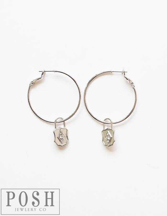 Hoop Earring With Rhinestone Lock Charm: G - The Ruffled Bull Boutique