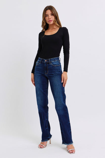 Judy Blue Full Size Raw Hem Straight Leg Jeans - The Ruffled Bull Boutique