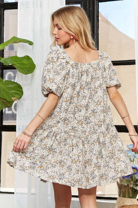 ADORA Floral Square Neck Puff Sleeve Dress - The Ruffled Bull Boutique