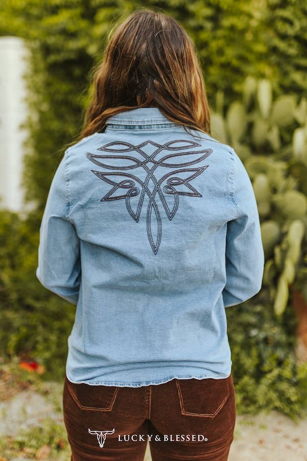 Light Wash Stretch Denim W Brown Boot Stitch Shirt - The Ruffled Bull Boutique