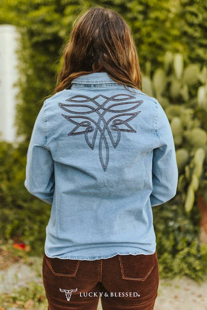 Light Wash Stretch Denim W Brown Boot Stitch Shirt - The Ruffled Bull Boutique